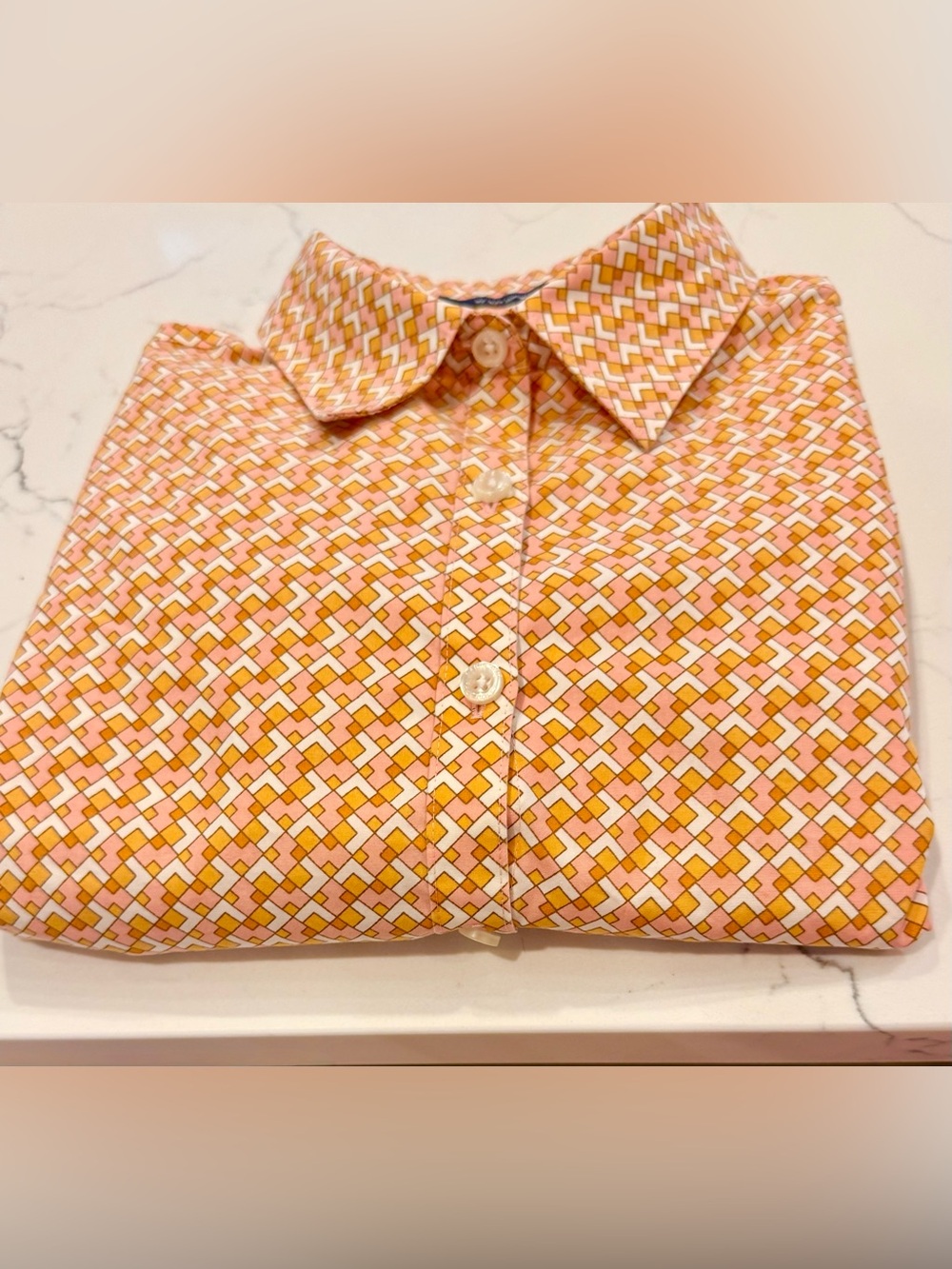 Lands’ End Geometric Button Front Blouse Tangerine and Buttercup Long Sleeve Top